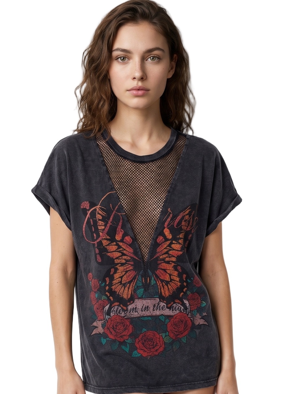 COUTURE GYPSY Black Vneck short sleeve Unique T shirt Cutouts w mesh inserts - Picture 10 of 10
